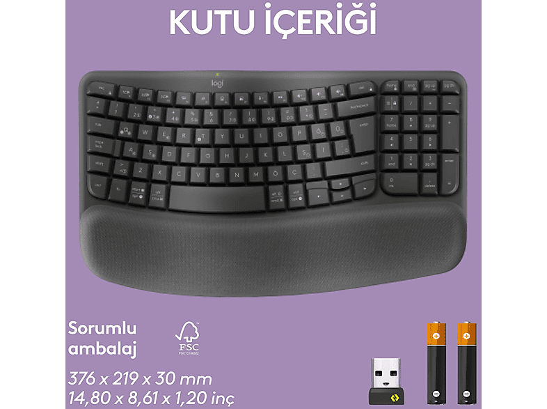 LOGITECH Wave Keys Kablosuz Ergonomik Türkçe Q Klavye Grafit_9