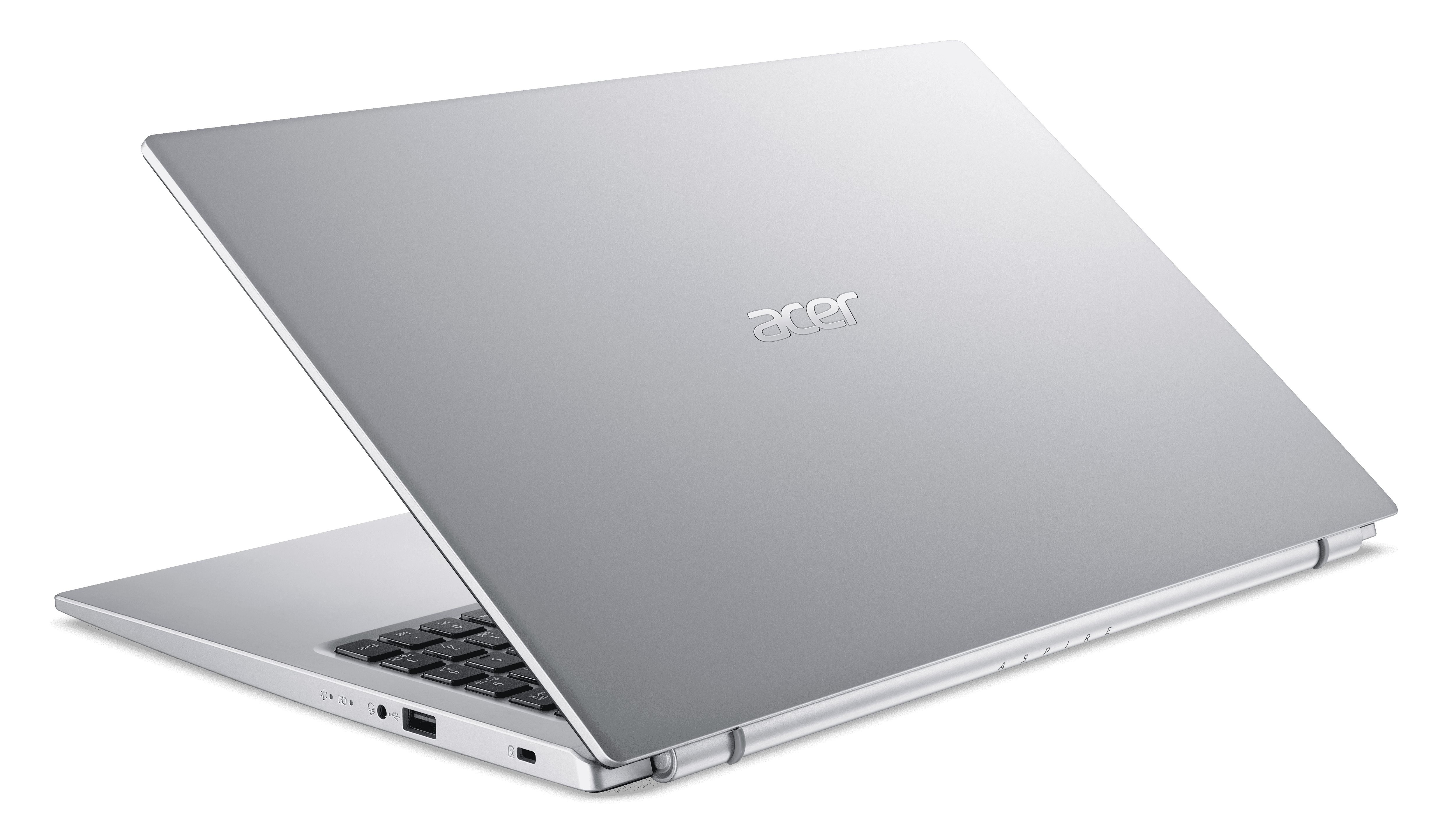 Laptop plateado con el logotipo de Acer en la parte superior, ligeramente abierto.