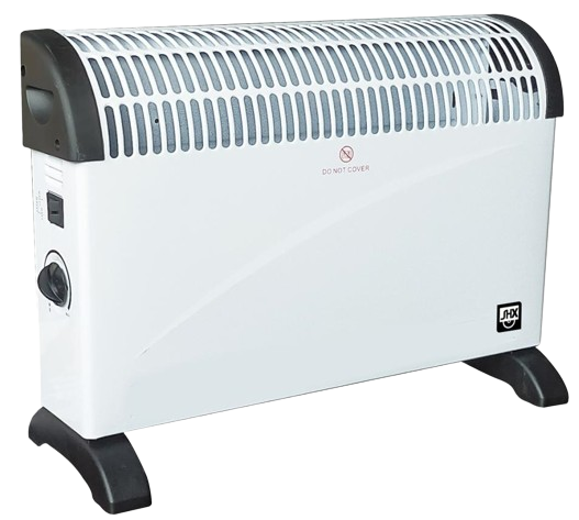 Ein weißer elektrischer Heizlüfter mit schwarzen Akzenten.