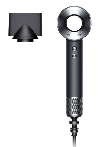 Dyson Haartrockner und Düse. Dunkelgraue Farbe. Isoliert auf schwarzem Hintergrund. Modernes Design.