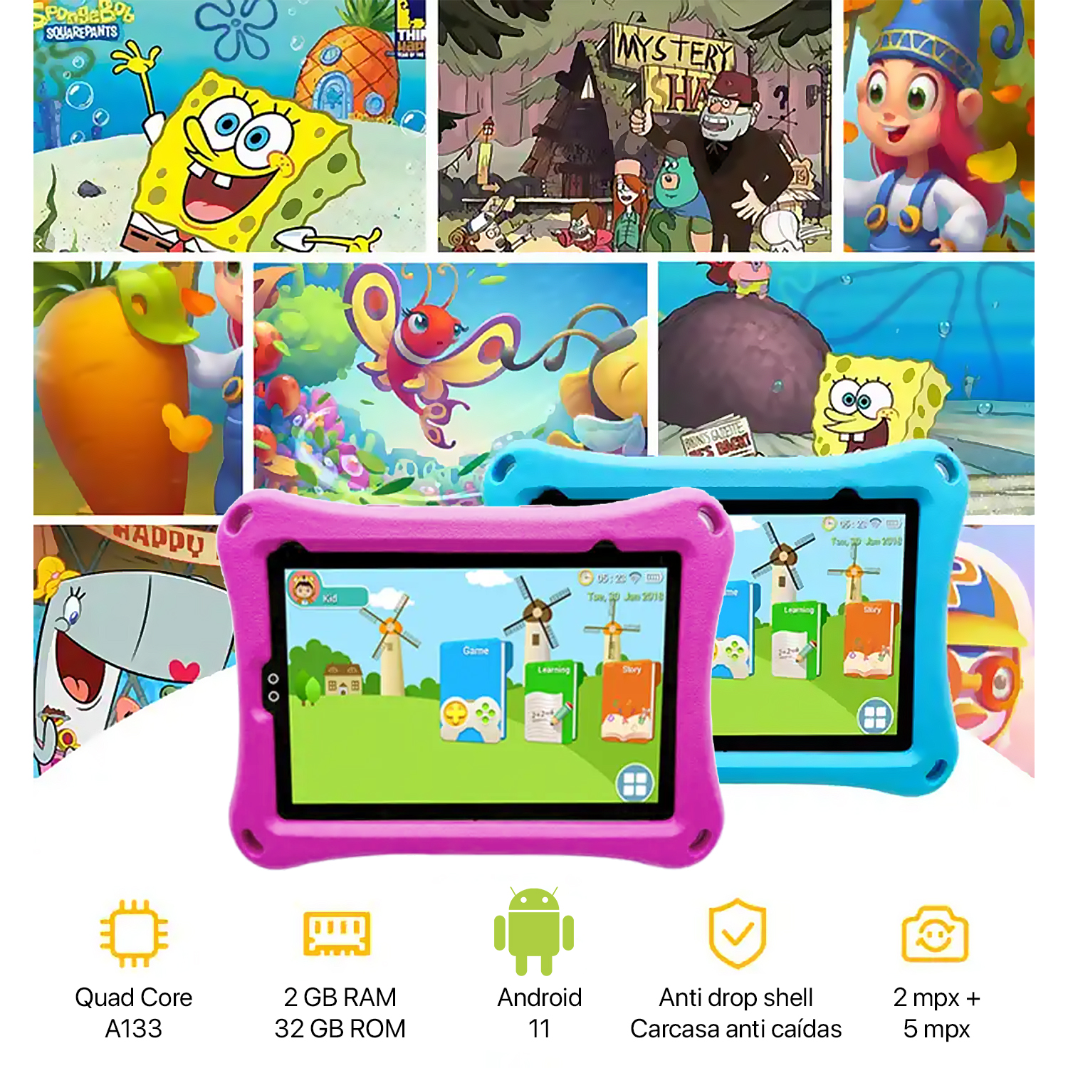 Dos tabletas con una funda rosa y azul. Hay imágenes de dibujos animados en la pantalla.