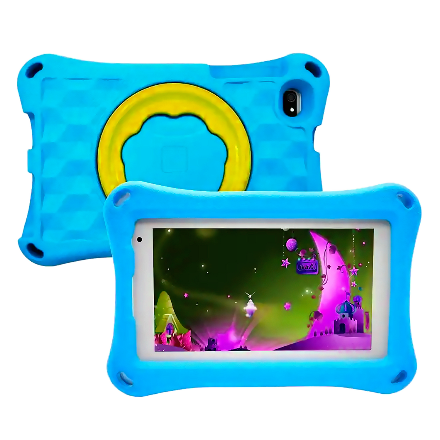 Dos fundas de tabletas azules con una pantalla colorida, que representa una escena de dibujos animados.