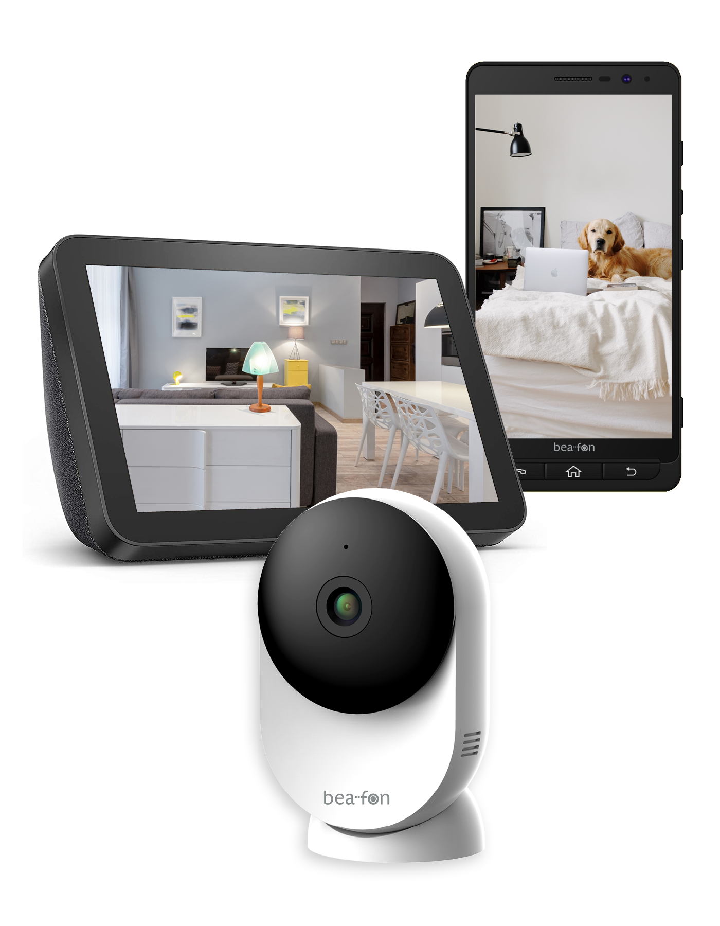 Smart-Home-Setup: Kamera, Smart-Lautsprecher und Telefon mit Innenansicht.
