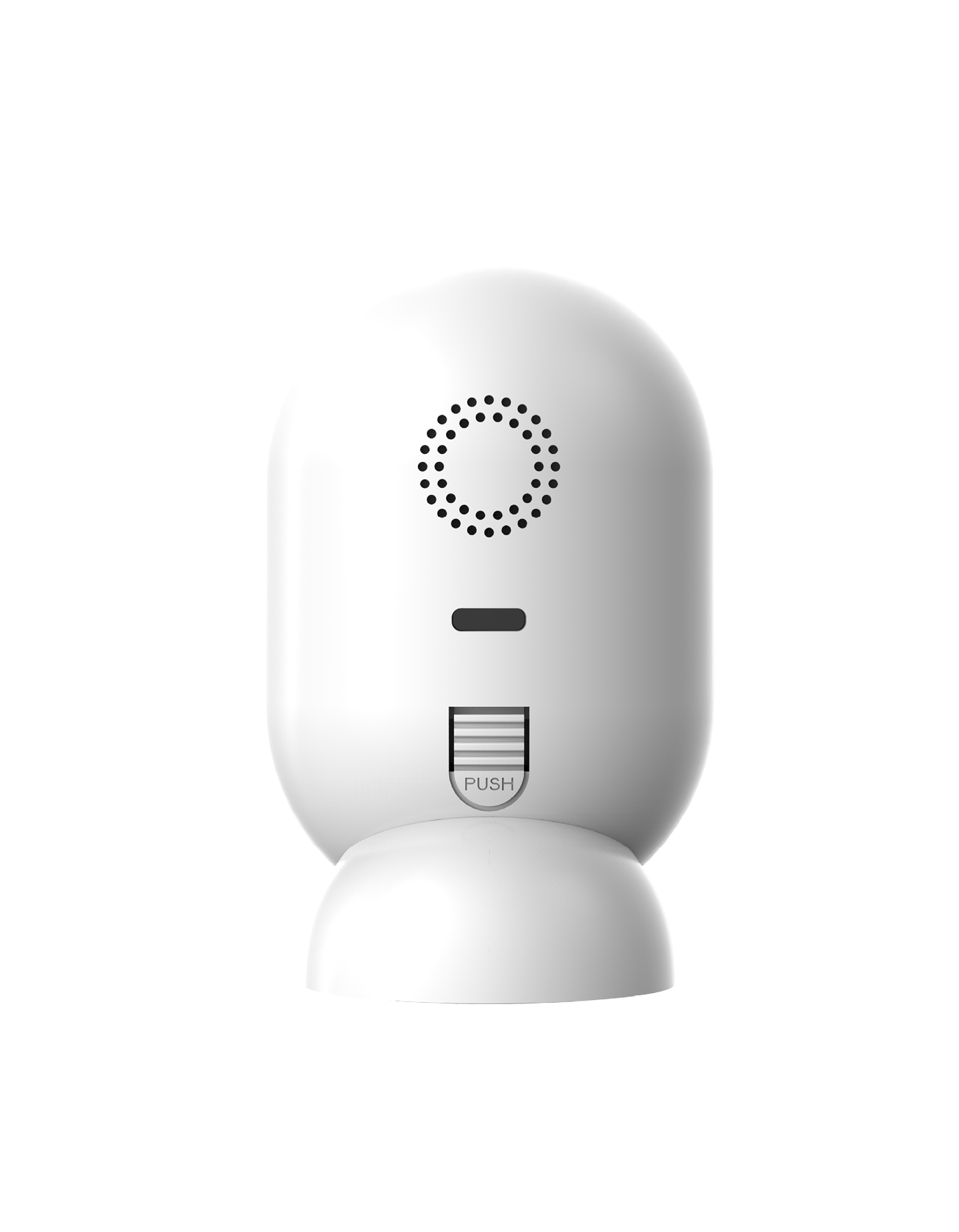 Eine weiße Smart-Home-Sicherheitskamera mit rundem Design, mit Linse und Lautsprecherlöchern.