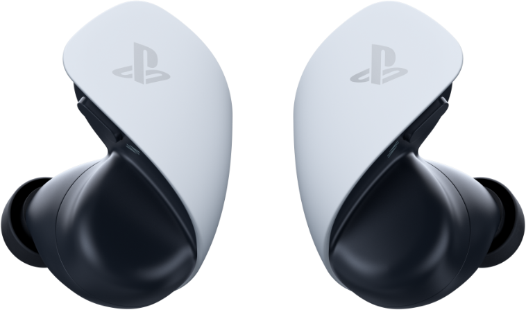 Two PlayStation 5 earbuds, white and black, with the PS logo.