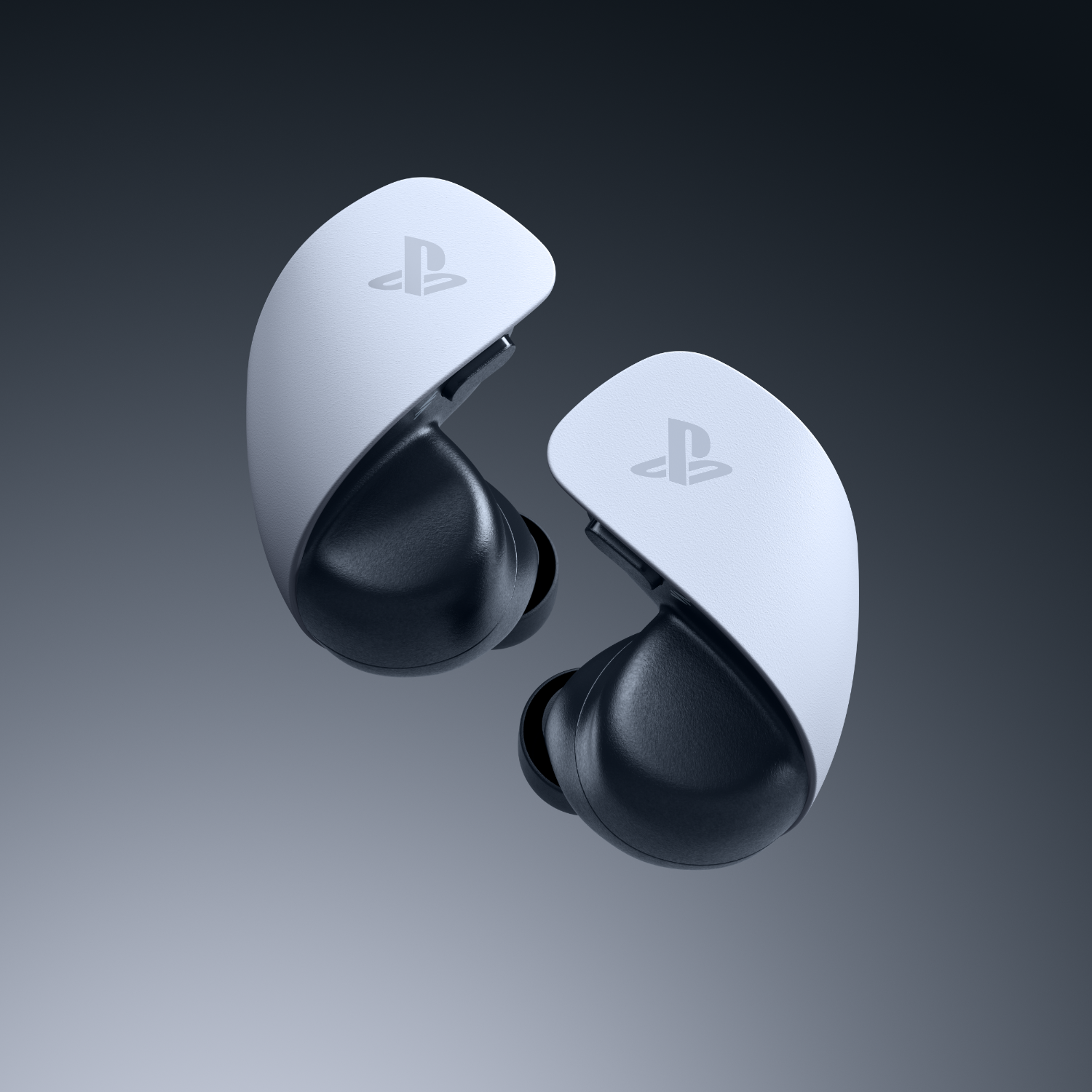 Two white and black Playstation earbuds, floating in mid-air against a grey gradient background.