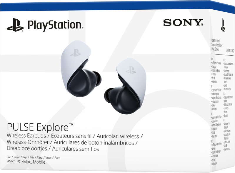 Box with PlayStation wireless earbuds. White and black earbuds are visible.