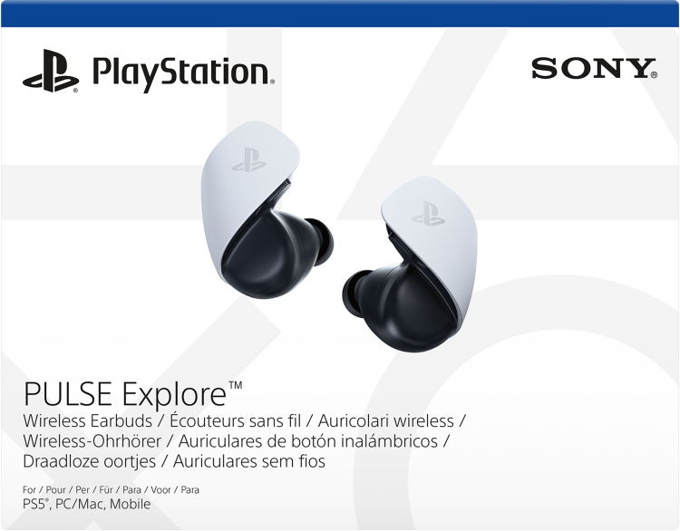 White and black Playstation earbuds in a box. The box has text and the Playstation logo.