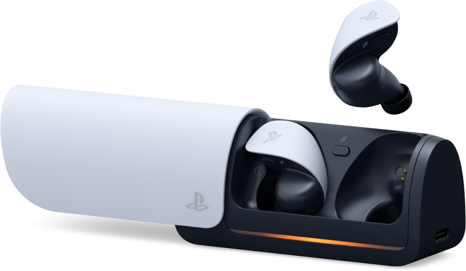 Sony PlayStation earbuds and charging case; black and white design, on a dark background.