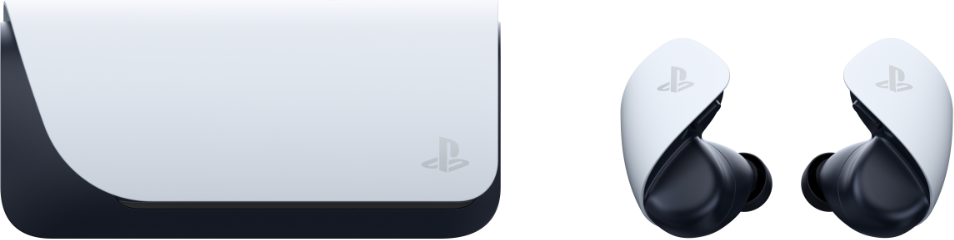 A case with a PlayStation logo and a pair of black and white earbuds.