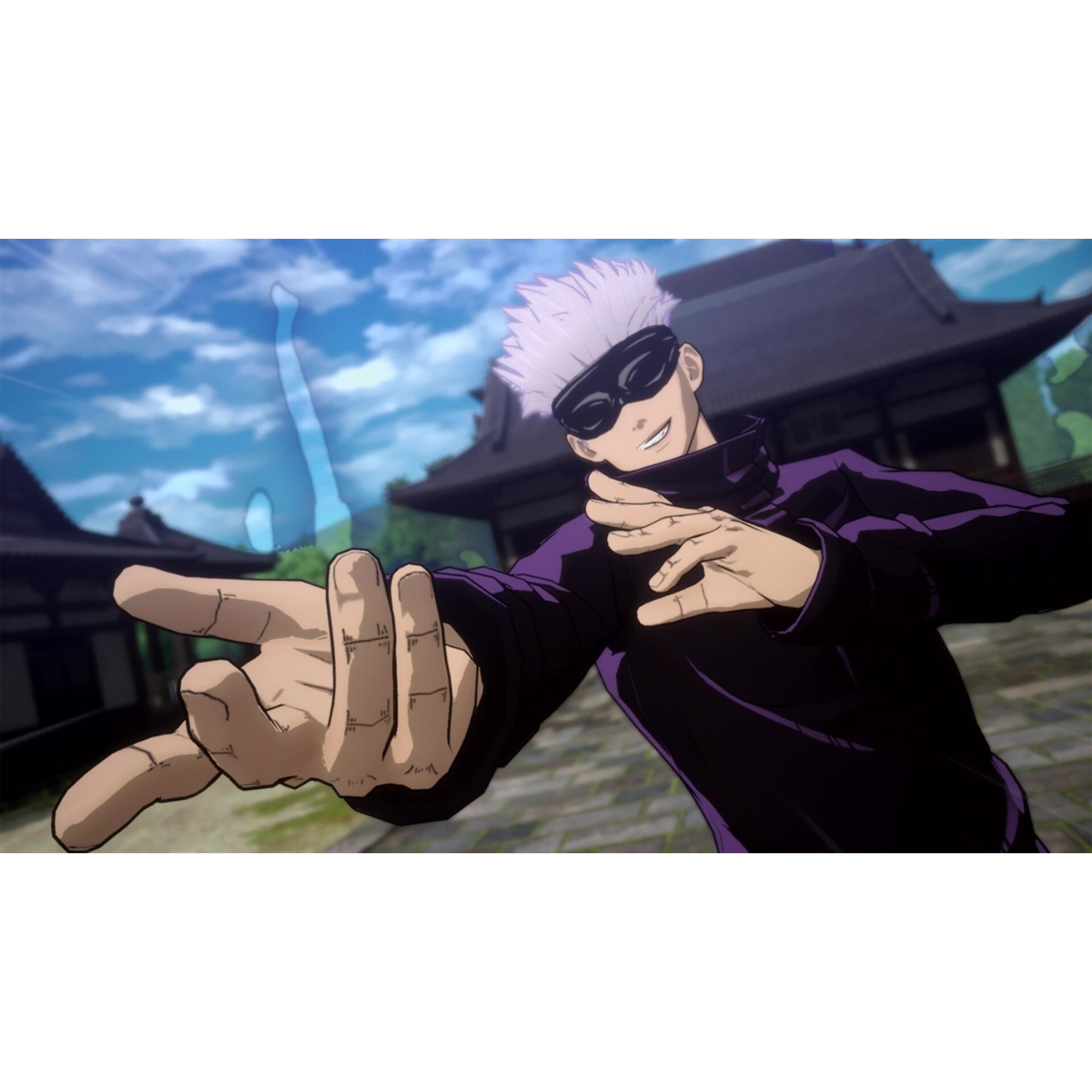 Anime-achtige afbeelding van een man in een donkerpaarse jas, zwarte zonnebril en wit haar. Hij lacht.