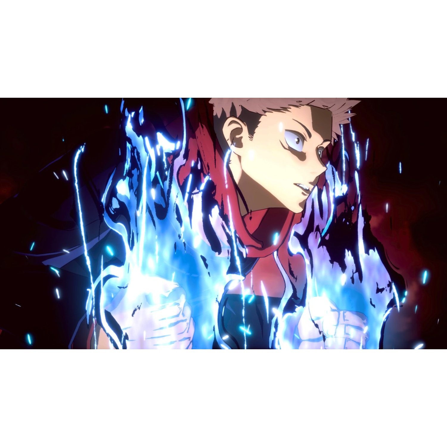 Anime-personage met blauwe energievlammen, rode kleding en serieuze uitdrukking.