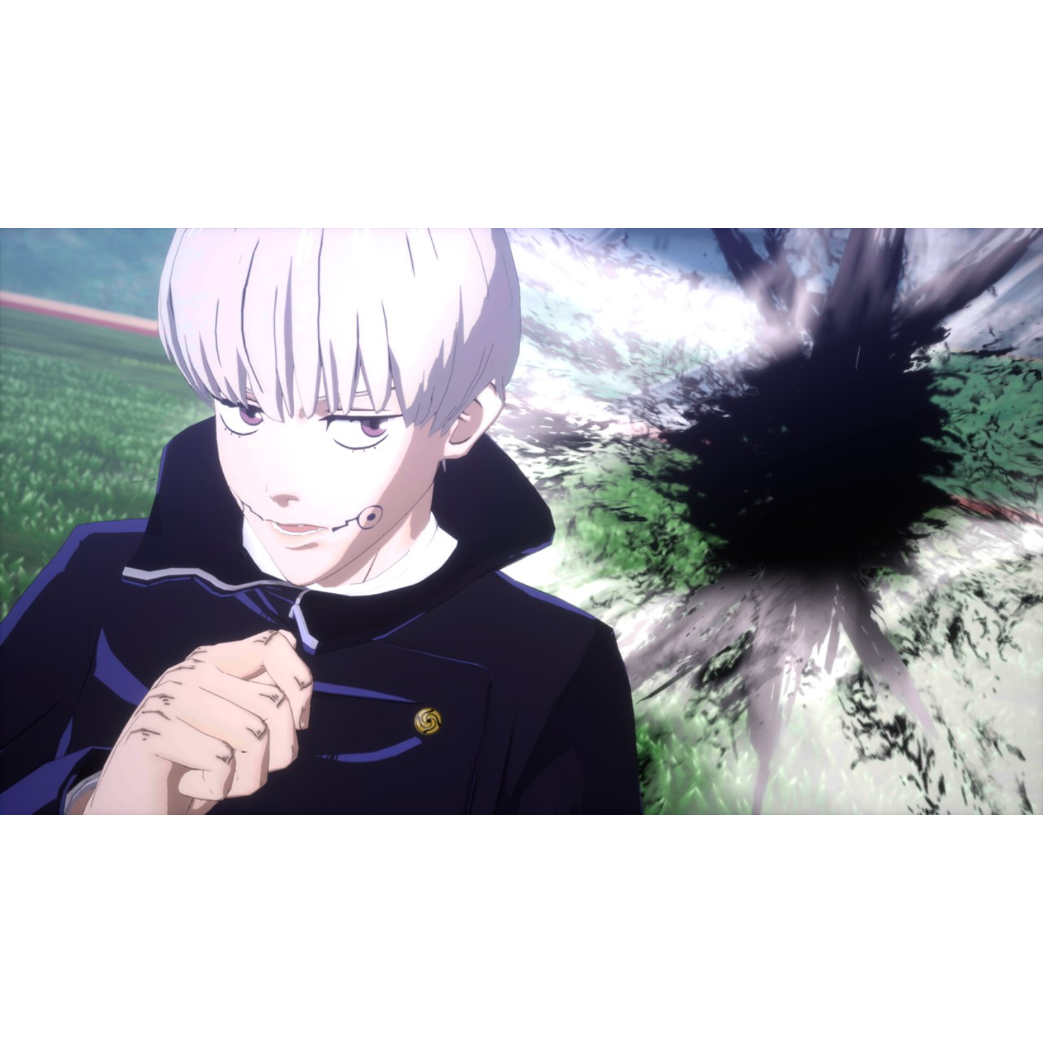 Anime-personage met wit haar en paarse ogen, draagt een donkere jas, staat voor een zwart gat.