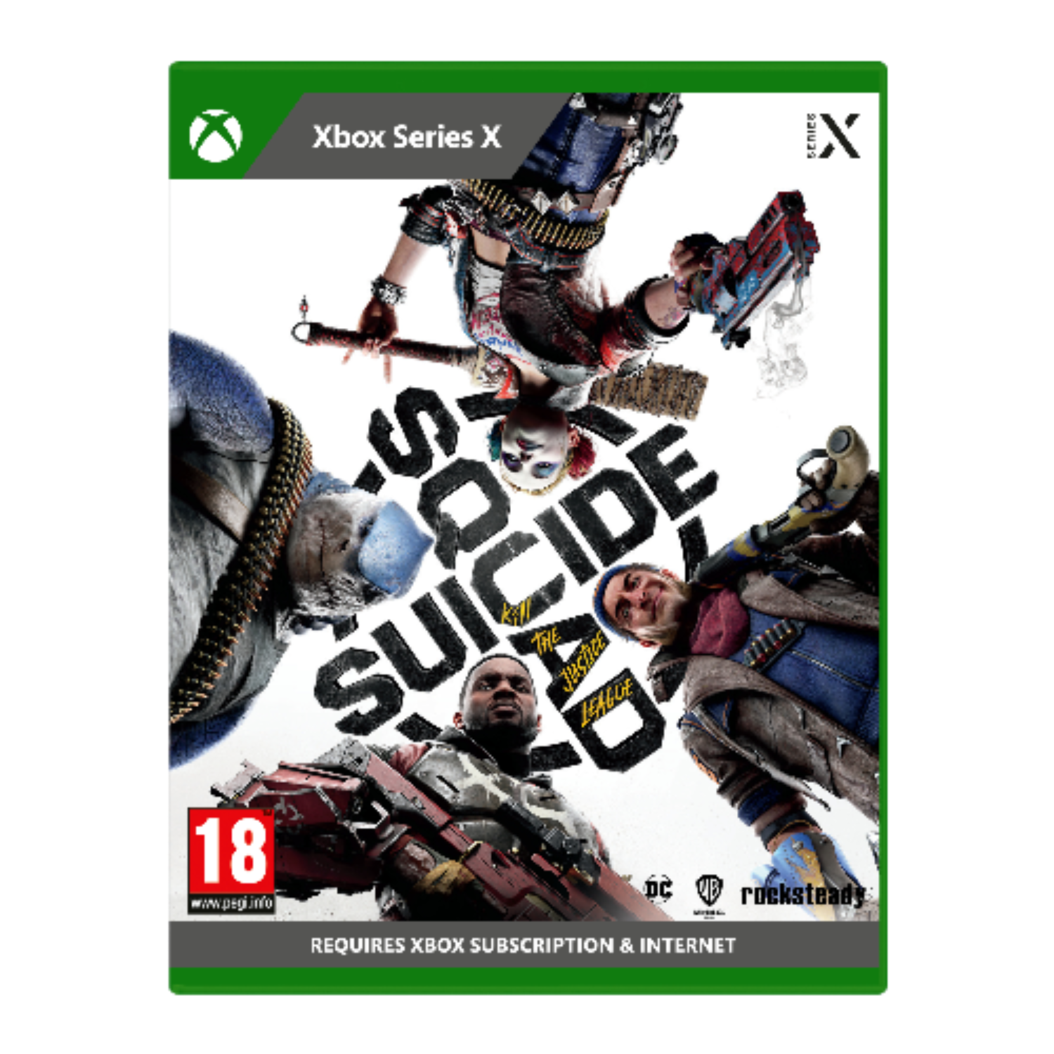 Suicide Squad gamecover met personages, logo en Xbox Series X label.