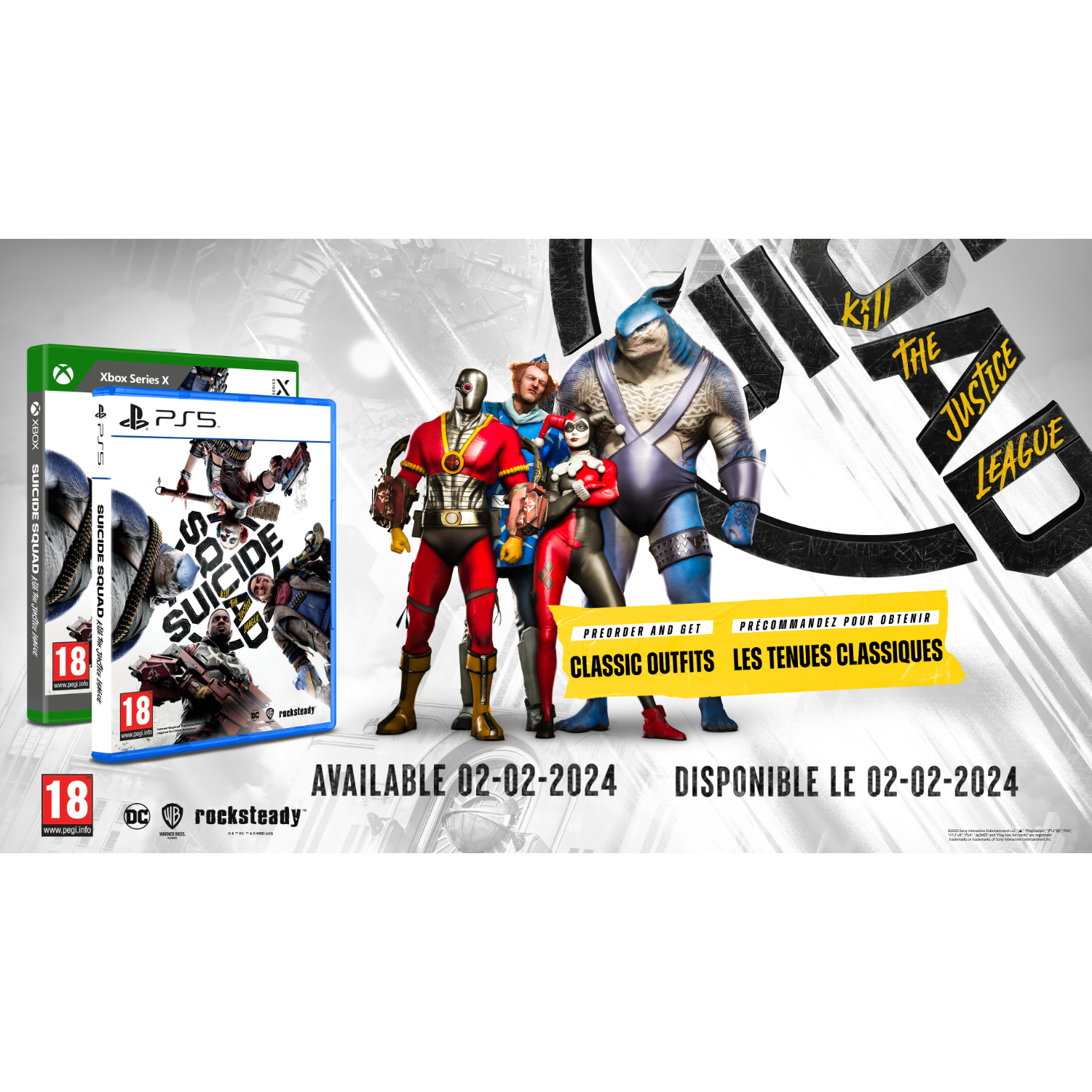 Promotieafbeelding met Suicide Squad personages en gamebox art, met tekst.