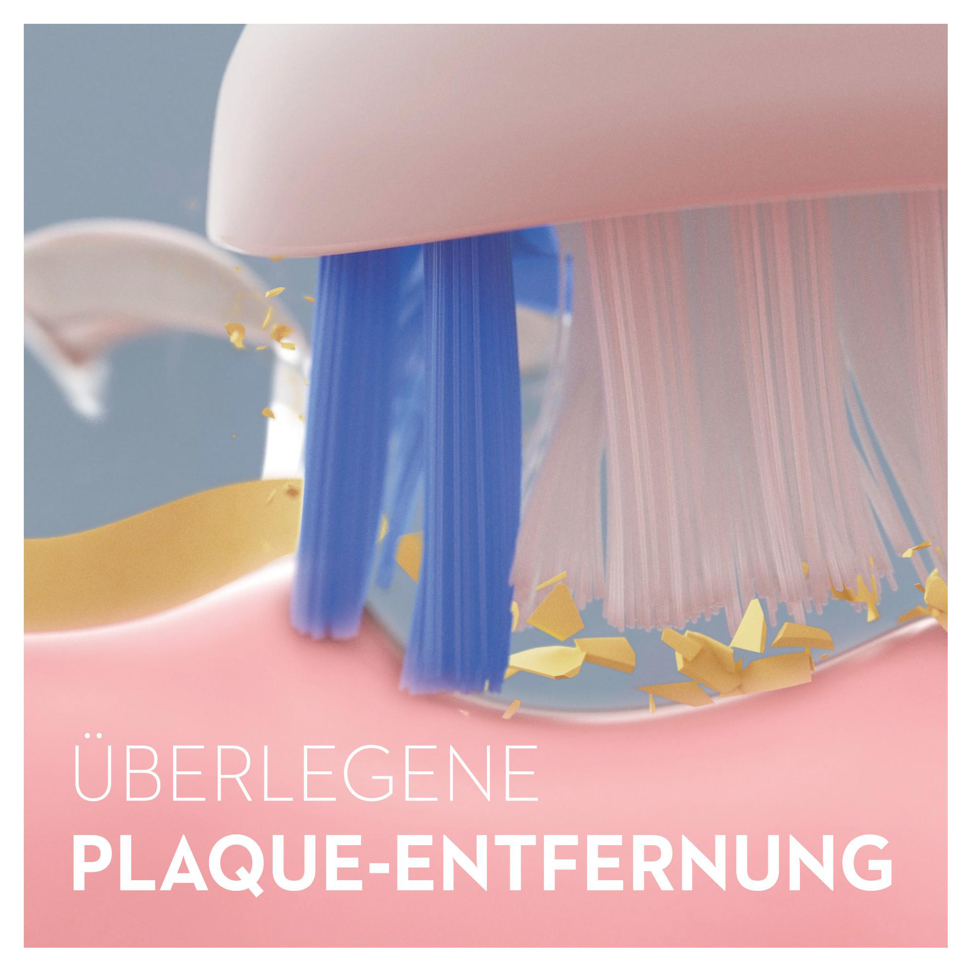 Nahaufnahme von Zahnbürstenborsten, die Plaque entfernen. Die Worte 'Überlegene Plaque-Entfernung' stehen darunter.