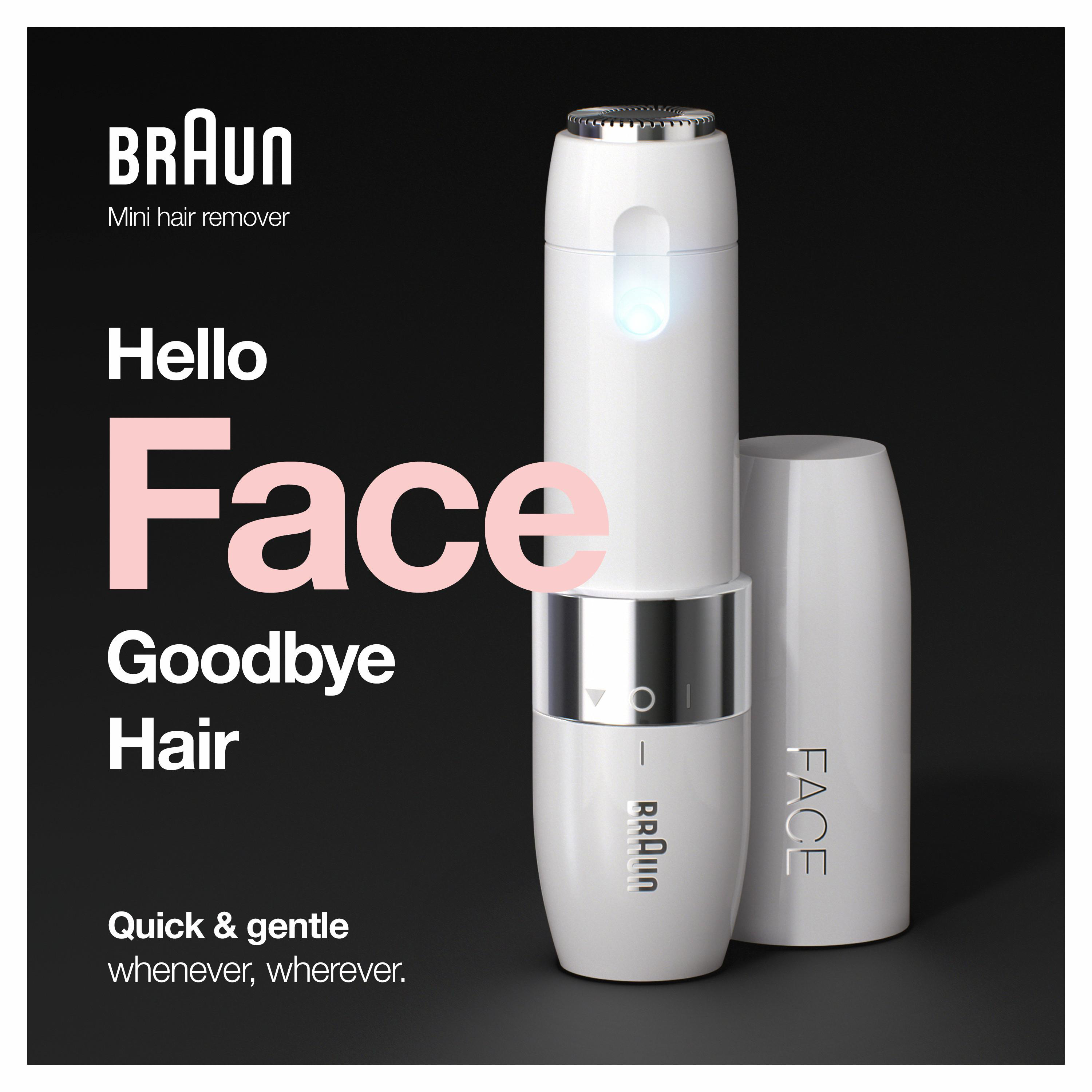 Ein weißer und silberner Braun Gesichtshaarentferner mit Text: 'Hello Face Goodbye Hair'.
