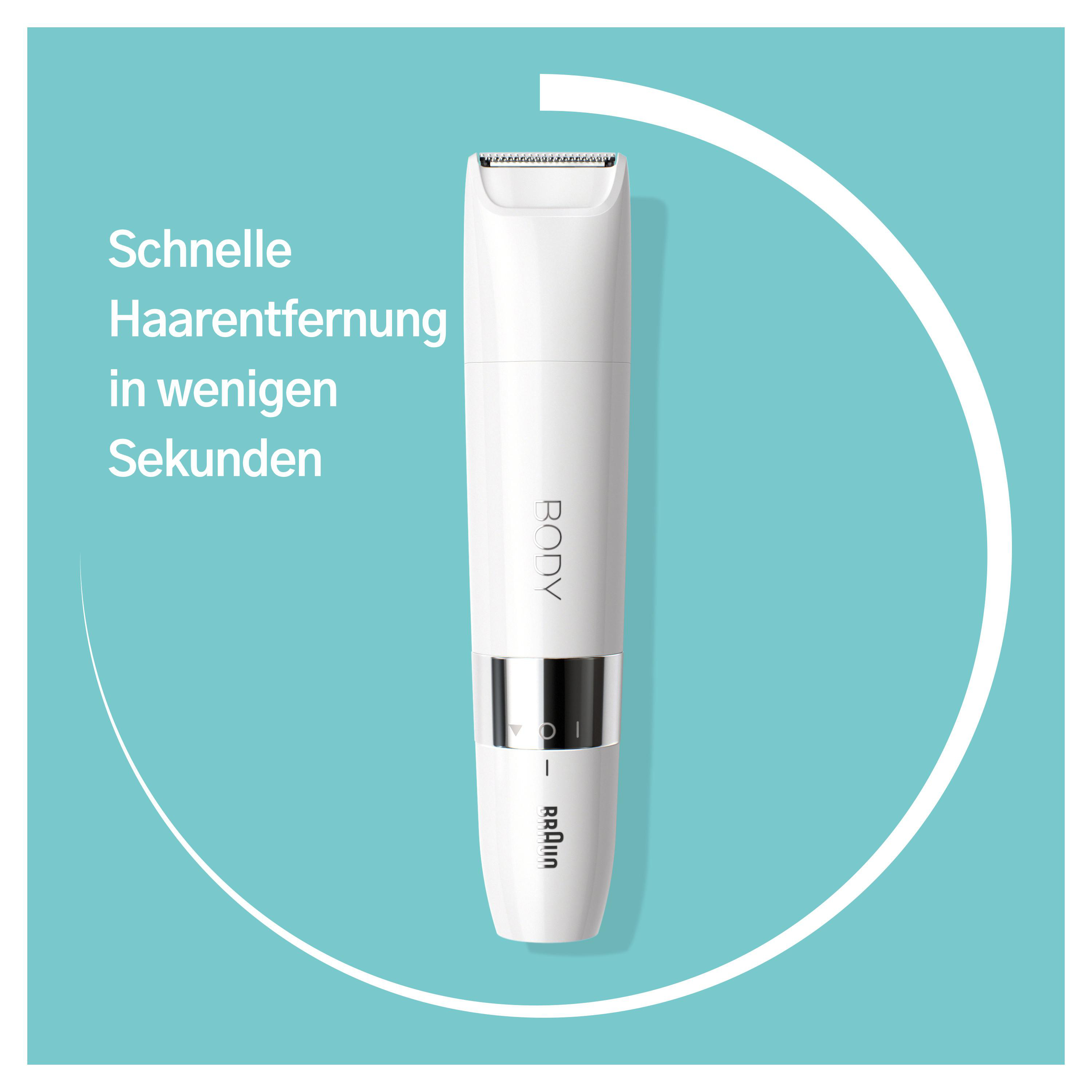 Weißes elektrisches Haarentfernungsgerät auf blauem Hintergrund. Text: 'Schnelle Haarentfernung'.