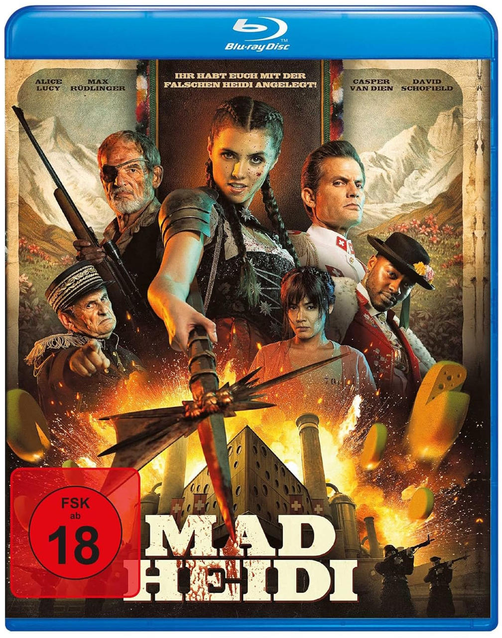 Filmplakat: Mad Heidi. Personengruppe mit Waffen, Explosion, Hintergrund Berge, rot und gelb.