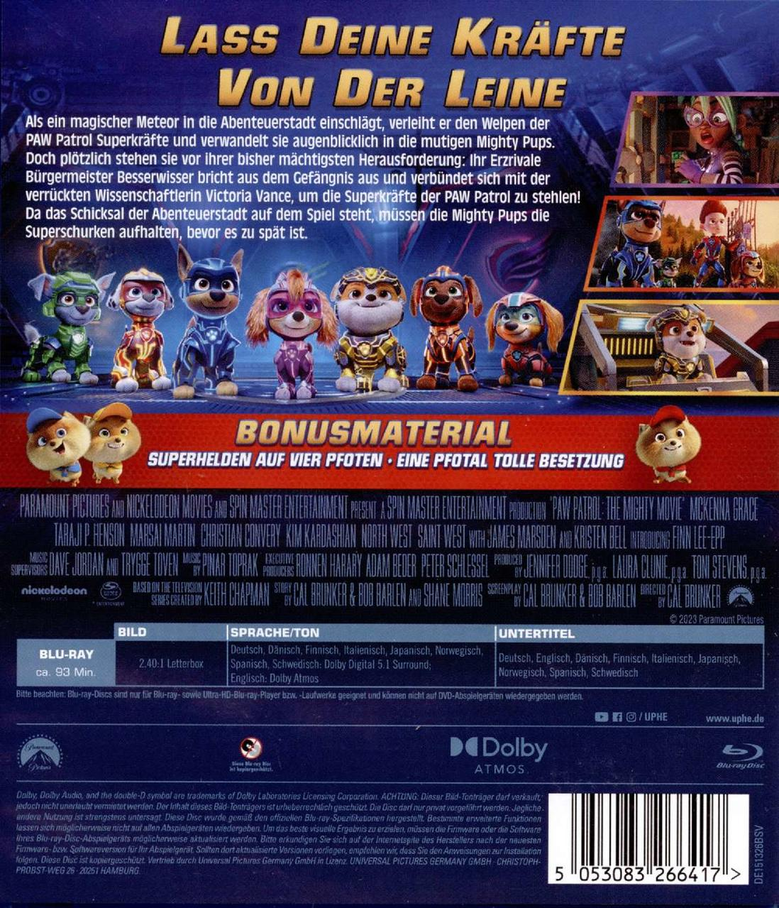 Rückseite einer DVD-Hülle mit Paw Patrol-Figuren. Text enthält deutsche Sätze und Credits.