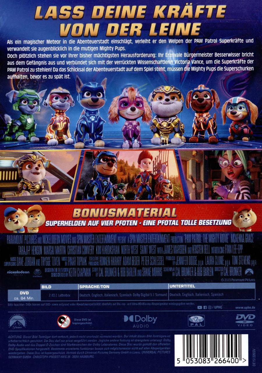 DVD-Cover-Art für einen Paw Patrol-Film mit verschiedenen Zeichentrick-Hundfiguren.