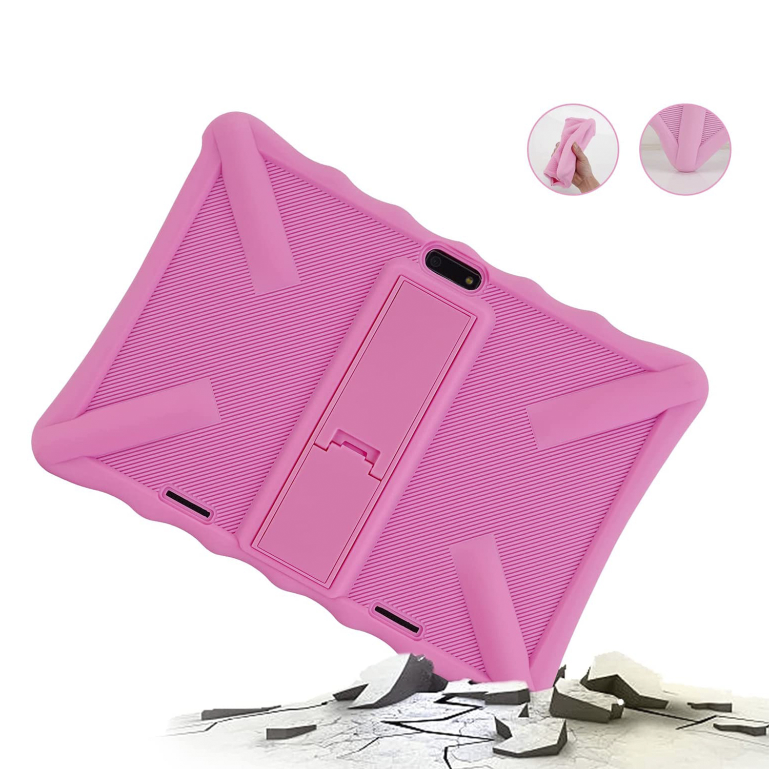 Una tableta rosa con funda protectora y soporte.
