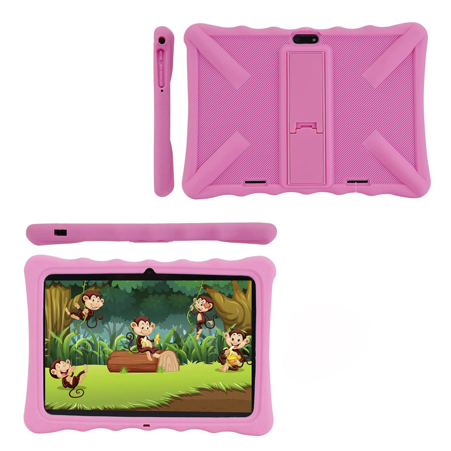 Una tableta rosa con una funda rosa, y una caricatura de monos en la pantalla.