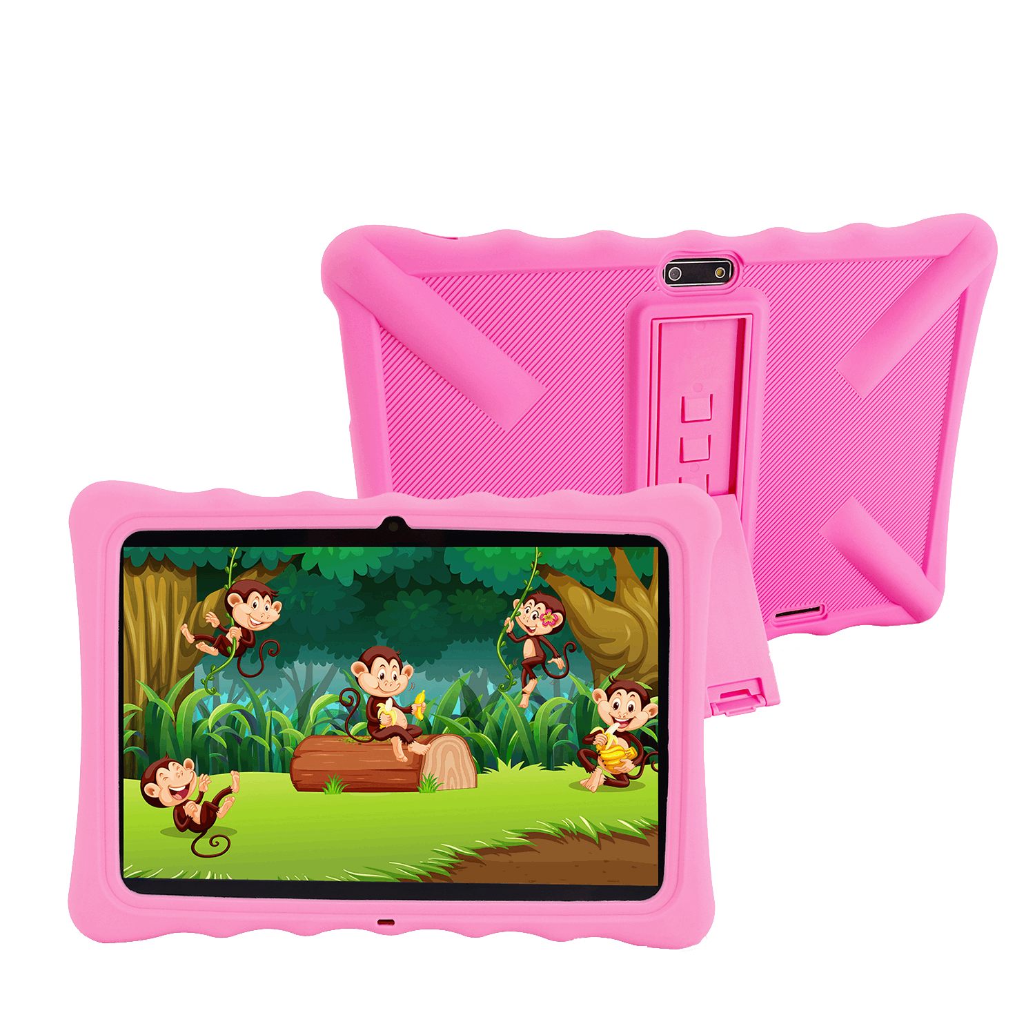 Funda de tableta rosa con tableta rosa dentro. Monos en una escena de la selva en la pantalla.
