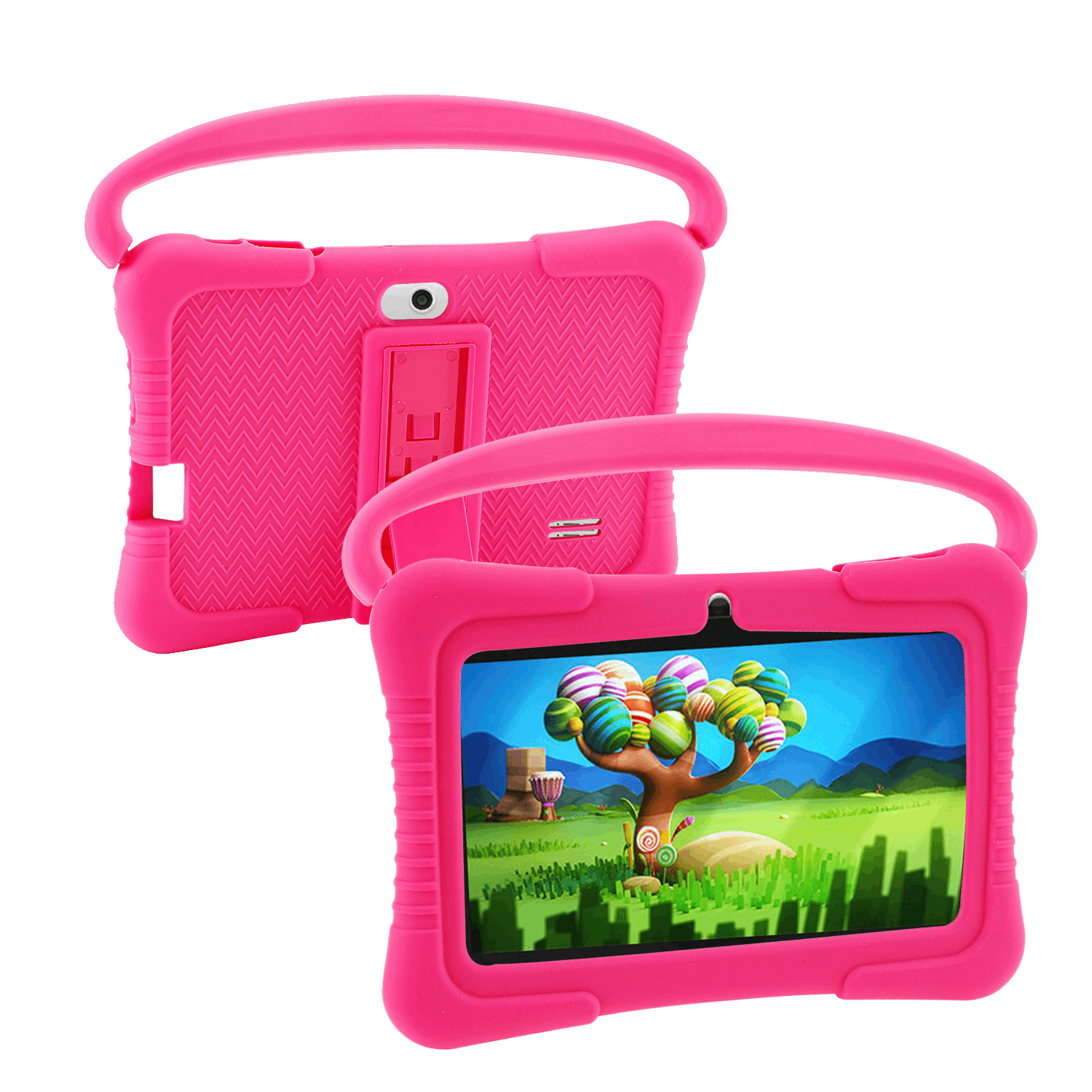 Tableta rosa con ilustración de dibujos animados en la pantalla. Funda rosa con asa. Fondo blanco.