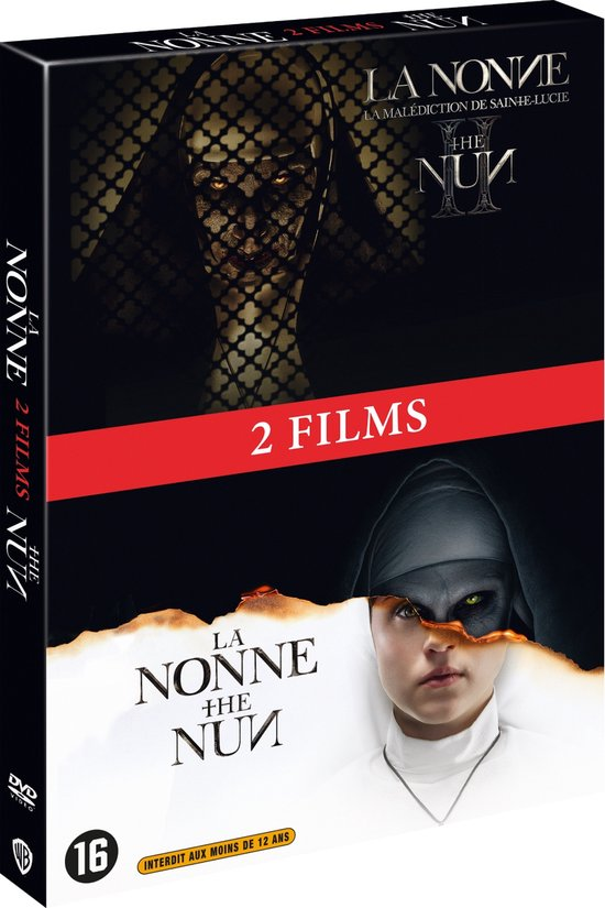 DVD case for The Nun II movie with a nun on it. Text says '2 films' and the age rating.