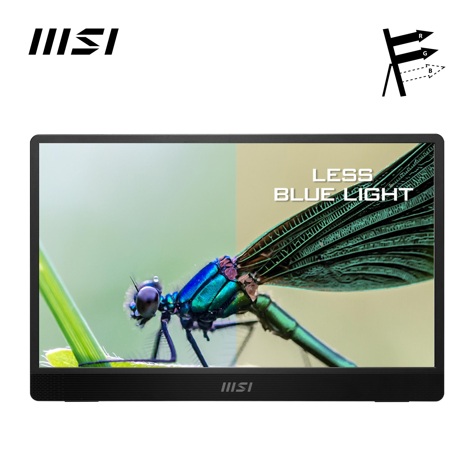 MSI Monitor mit Less Blue Light Text und Libellenbild, schwarzer Rahmen.