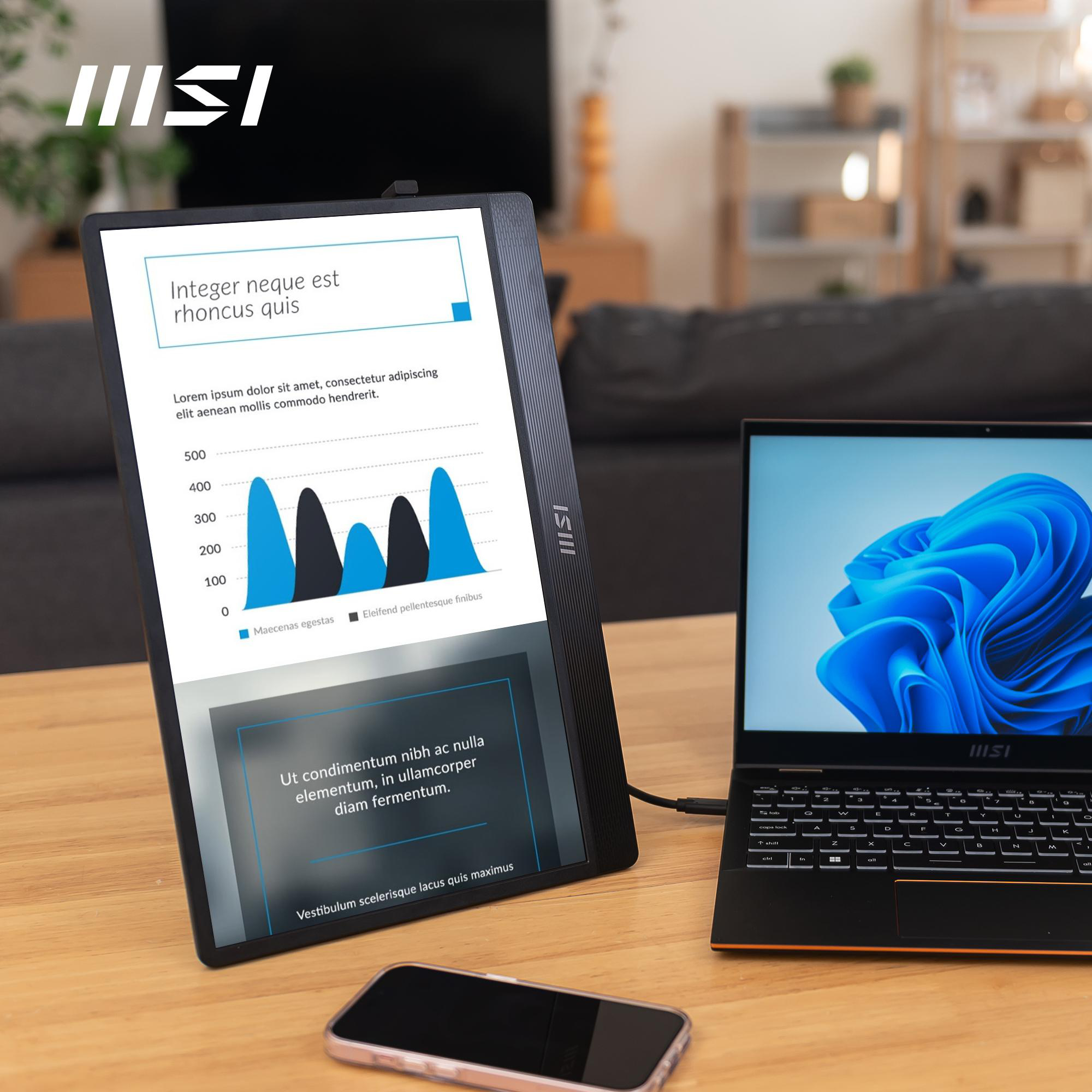 Schwarzes Tablet mit Bildschirm, der Diagramme und Text anzeigt, mit Laptop und Telefon.
