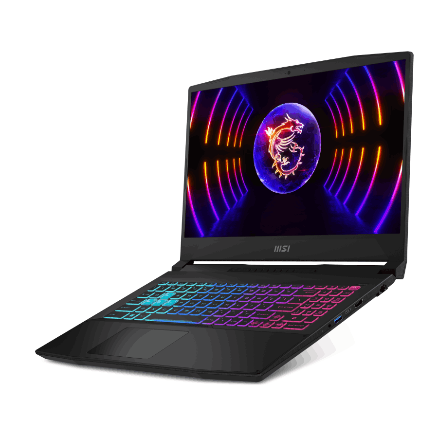 Portátil negro con teclado colorido. Pantalla muestra imagen de dragón con colores neón.