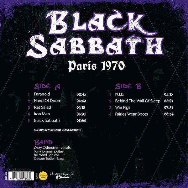 Pochette de l'album Paris 1970 de Black Sabbath. Liste les titres des faces A et B, les membres du groupe et les détails de l'album sur fond violet.