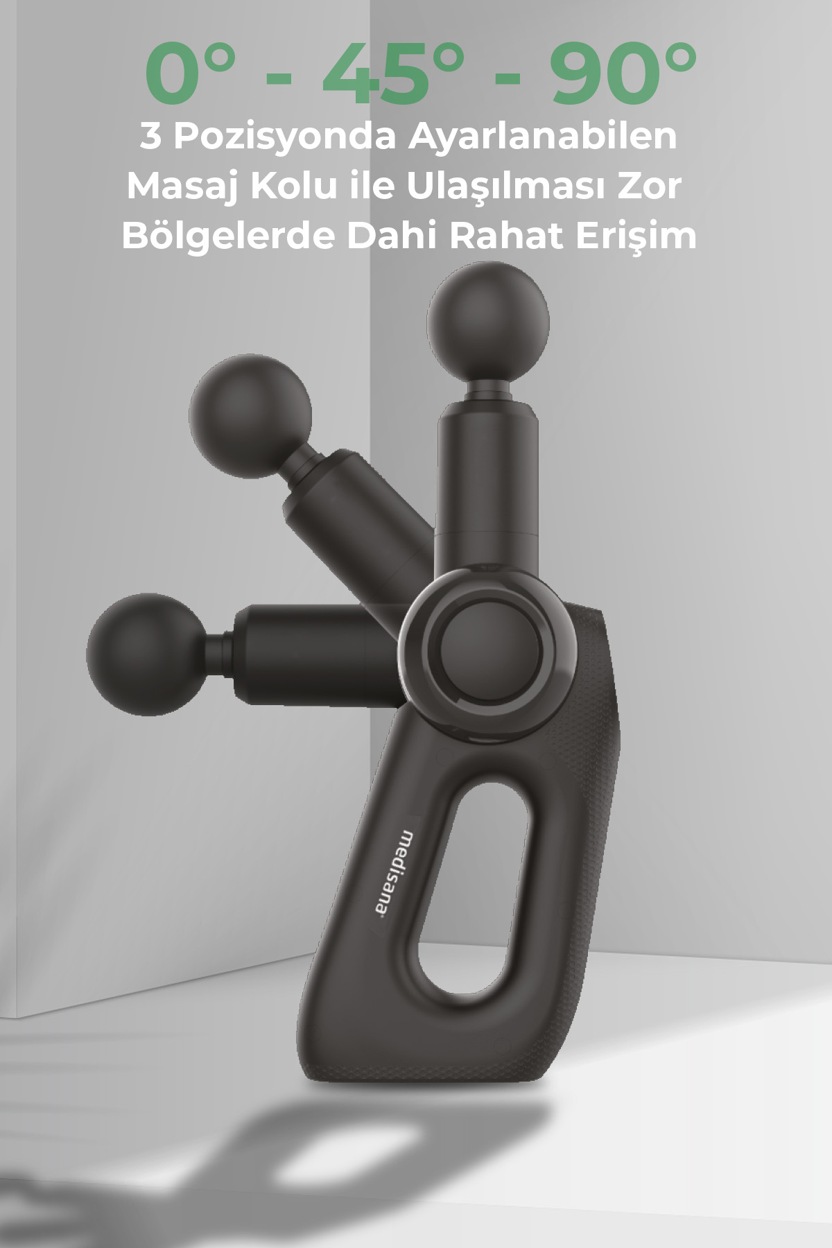 Siyah masaj tabancası farklı açılı pozisyonlarda. Metin, 3 ayarlanabilir pozisyonu açıklıyor.