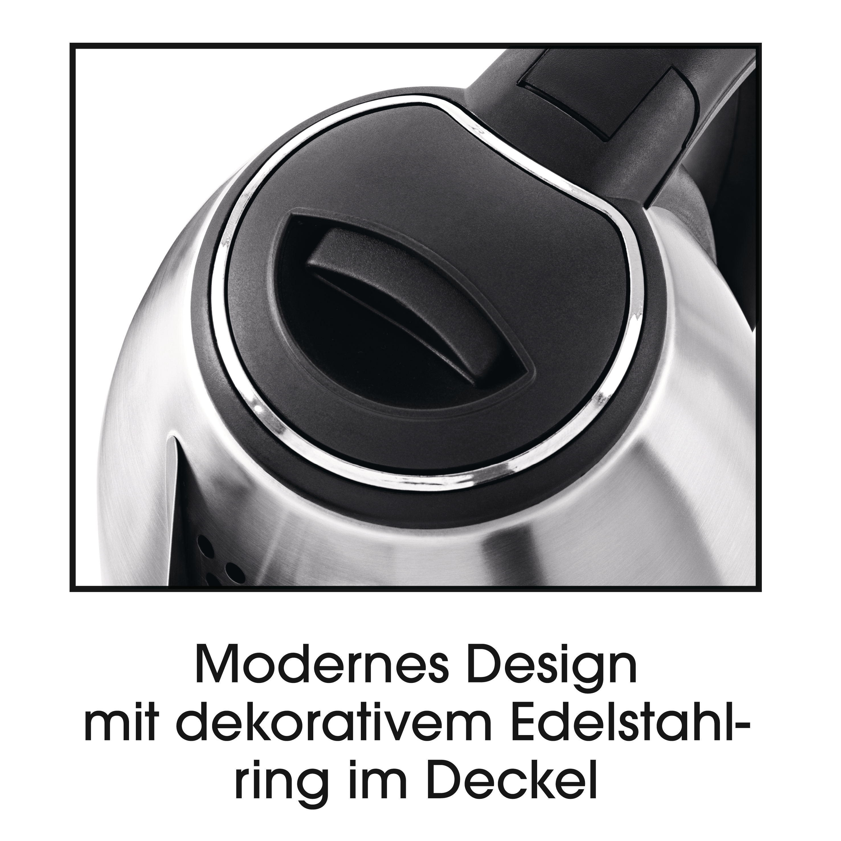 Nahaufnahme des Kesseldeckels mit schwarzem Deckel und Stahlring.