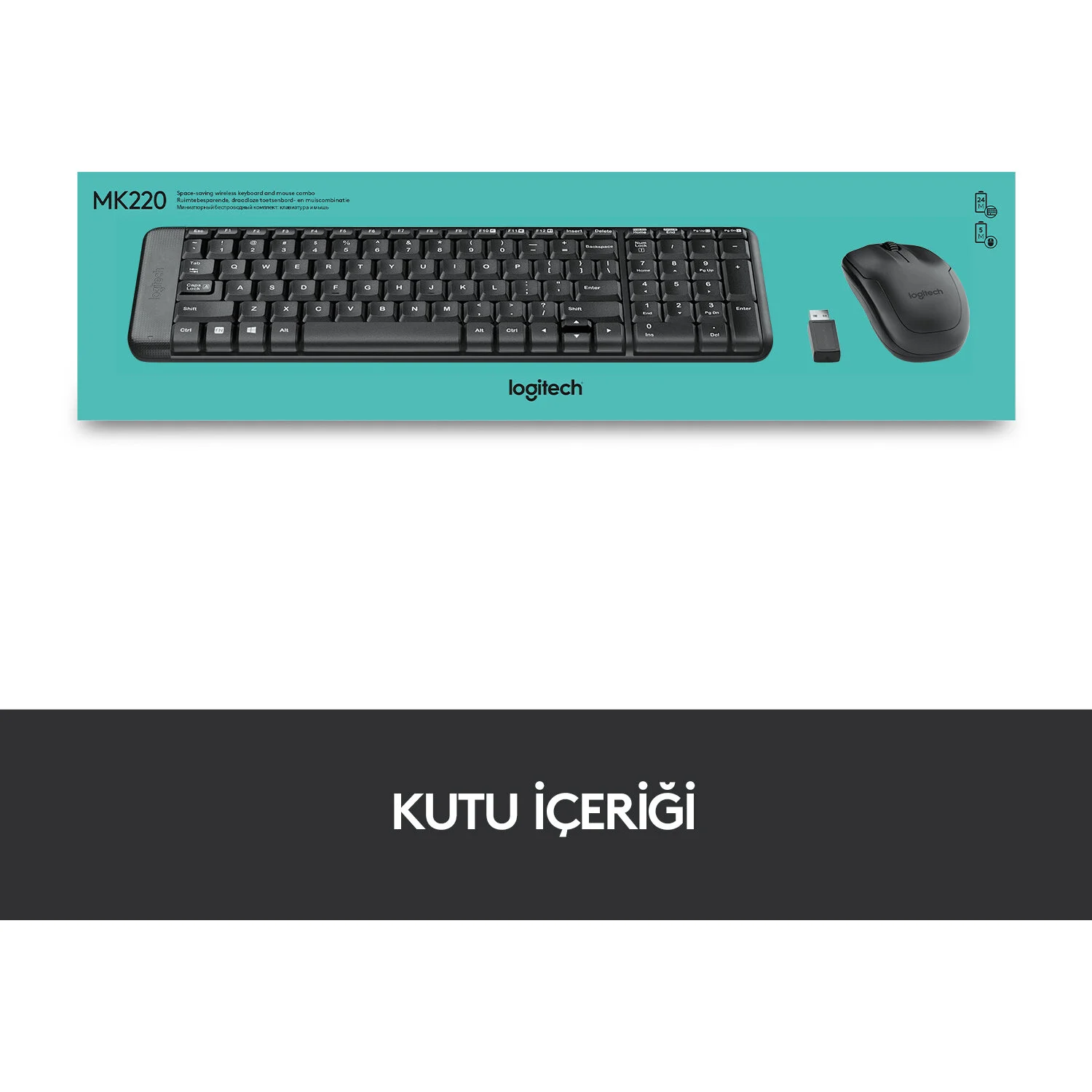 Siyah bir Logitech klavye ve fare seti, ambalaj içeriği metniyle birlikte turkuaz bir arka plan üzerinde sunuluyor.