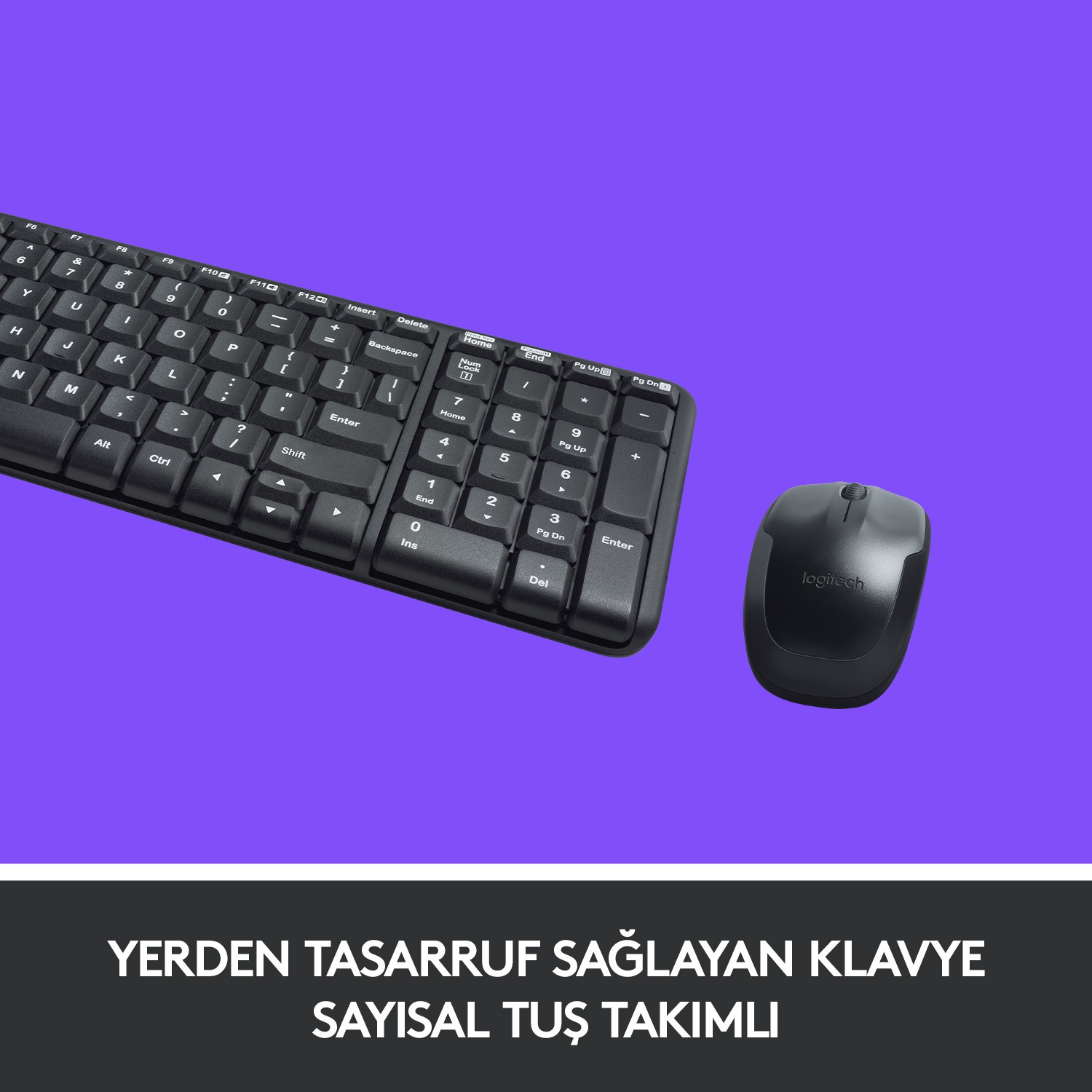 Mor arka plan üzerinde siyah klavye ve fare seti, alt kısımda Türkçe metin.