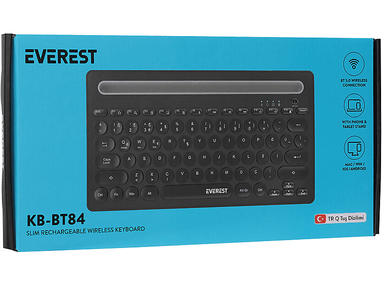 EVEREST KB-BT84 Bluetooth Ultra İnce+Şarjlı Q Mac/Windows/Android/iOS Uyumlu Kablosuz Klavye Siyah Gri_7