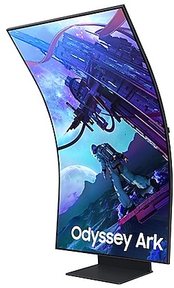 Gebogen, grote monitor met een futuristische scène en de woorden Odyssey Ark.