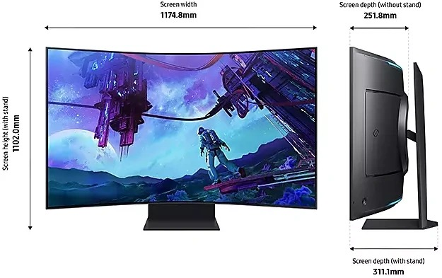 Gebogen monitor met een sciencefiction-scène; afmetingen worden getoond.