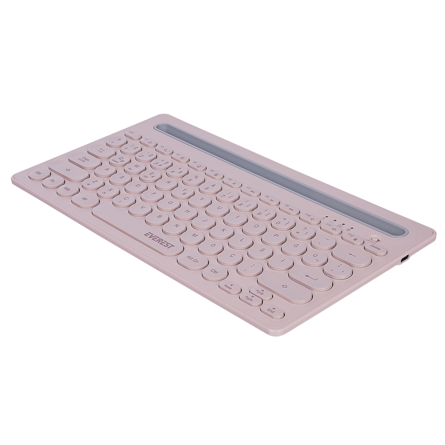Üstünde açık gri bir çubuğu olan pembe kablosuz klavye, beyaz bir arka plan üzerinde.