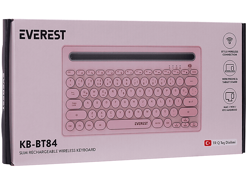 EVEREST KB-BT84 Bluetooth Ultra İnce+Şarjlı Q Mac/Windows/Android/iOS Uyumlu Kablosuz Klavye Pembe Gri_7