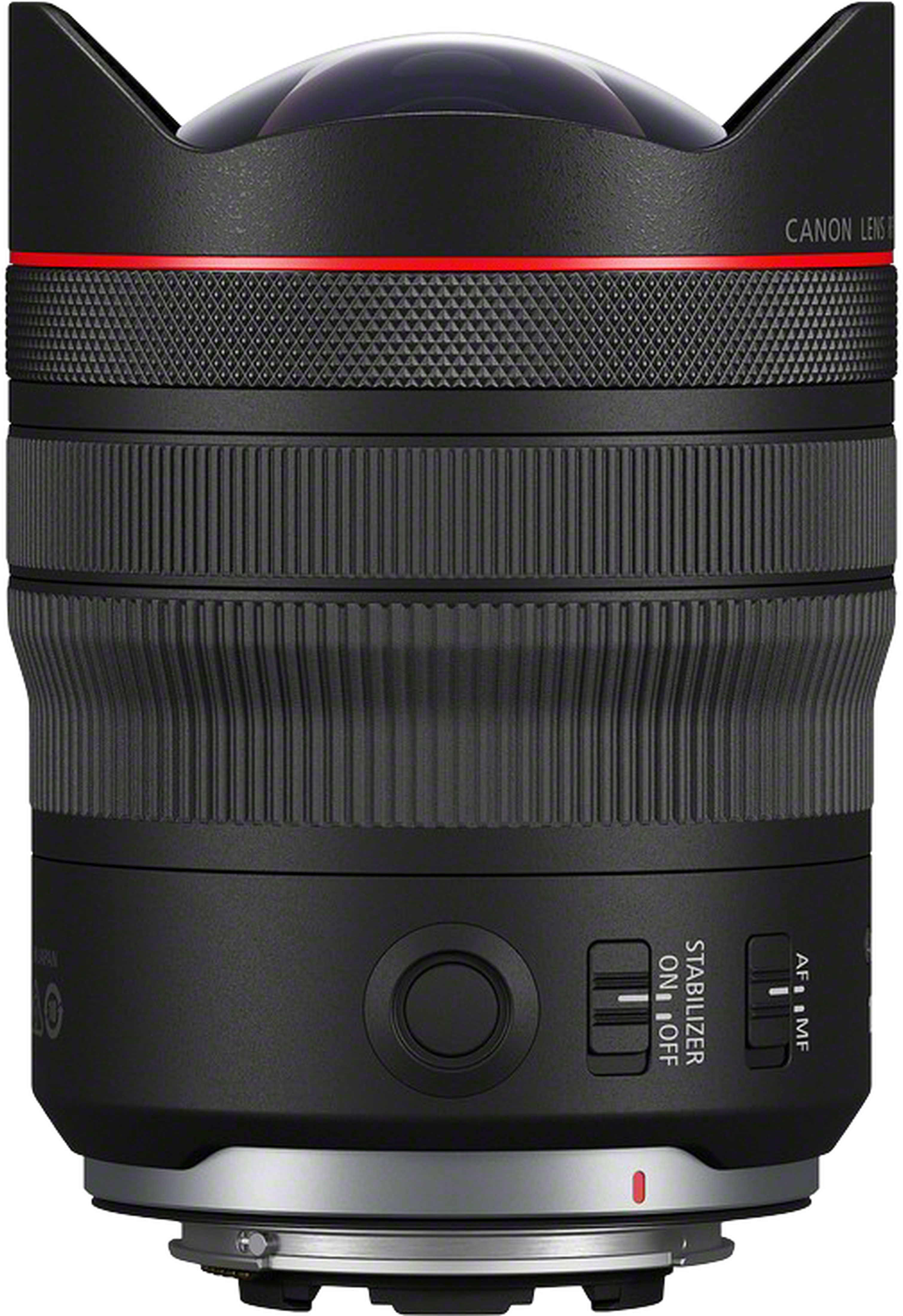 Objectif Canon noir avec accents rouges et boutons de commande.