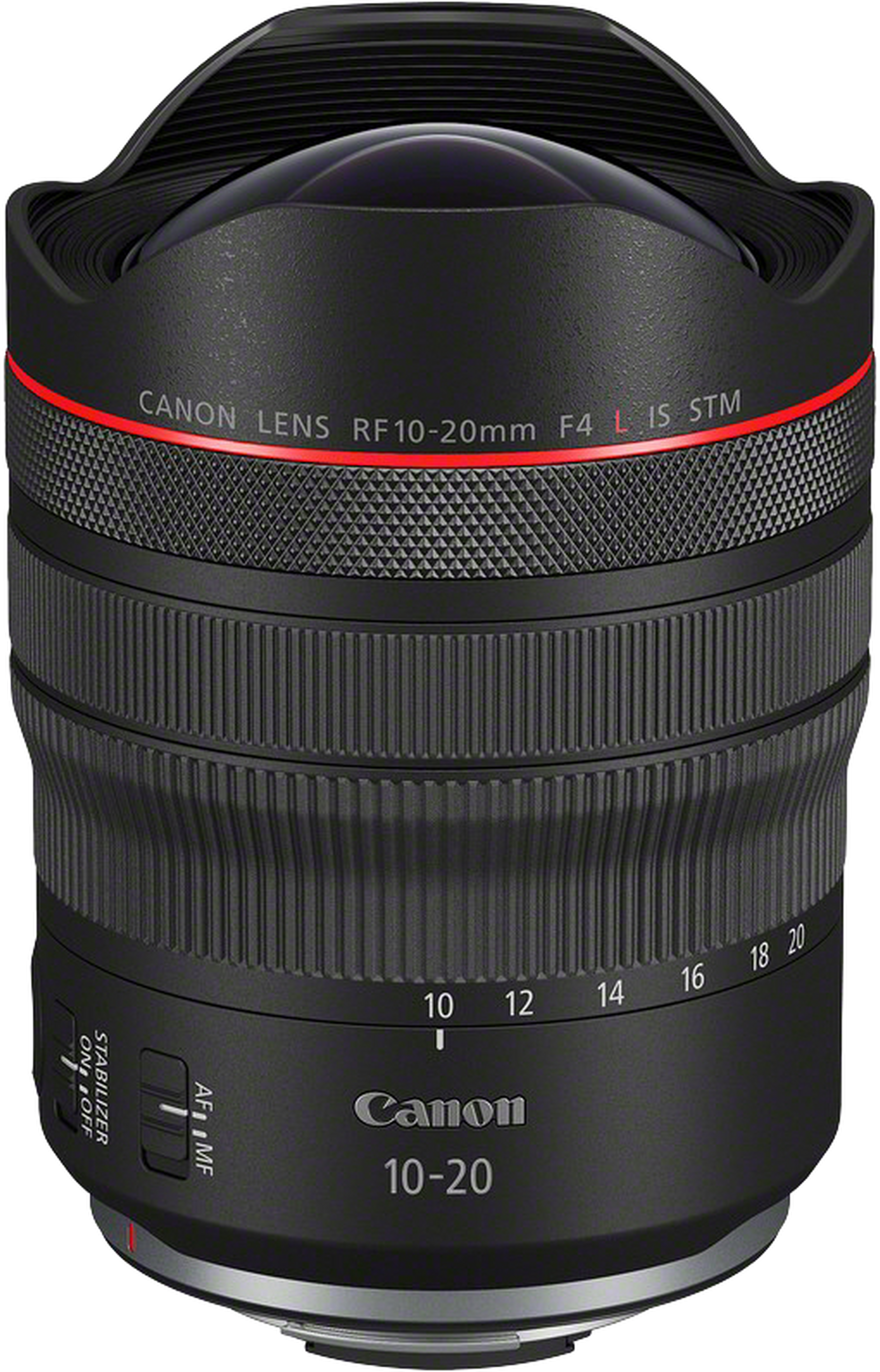 Objectif Canon RF 10-20mm F4 L IS STM noir avec bague de mise au point et interrupteur.