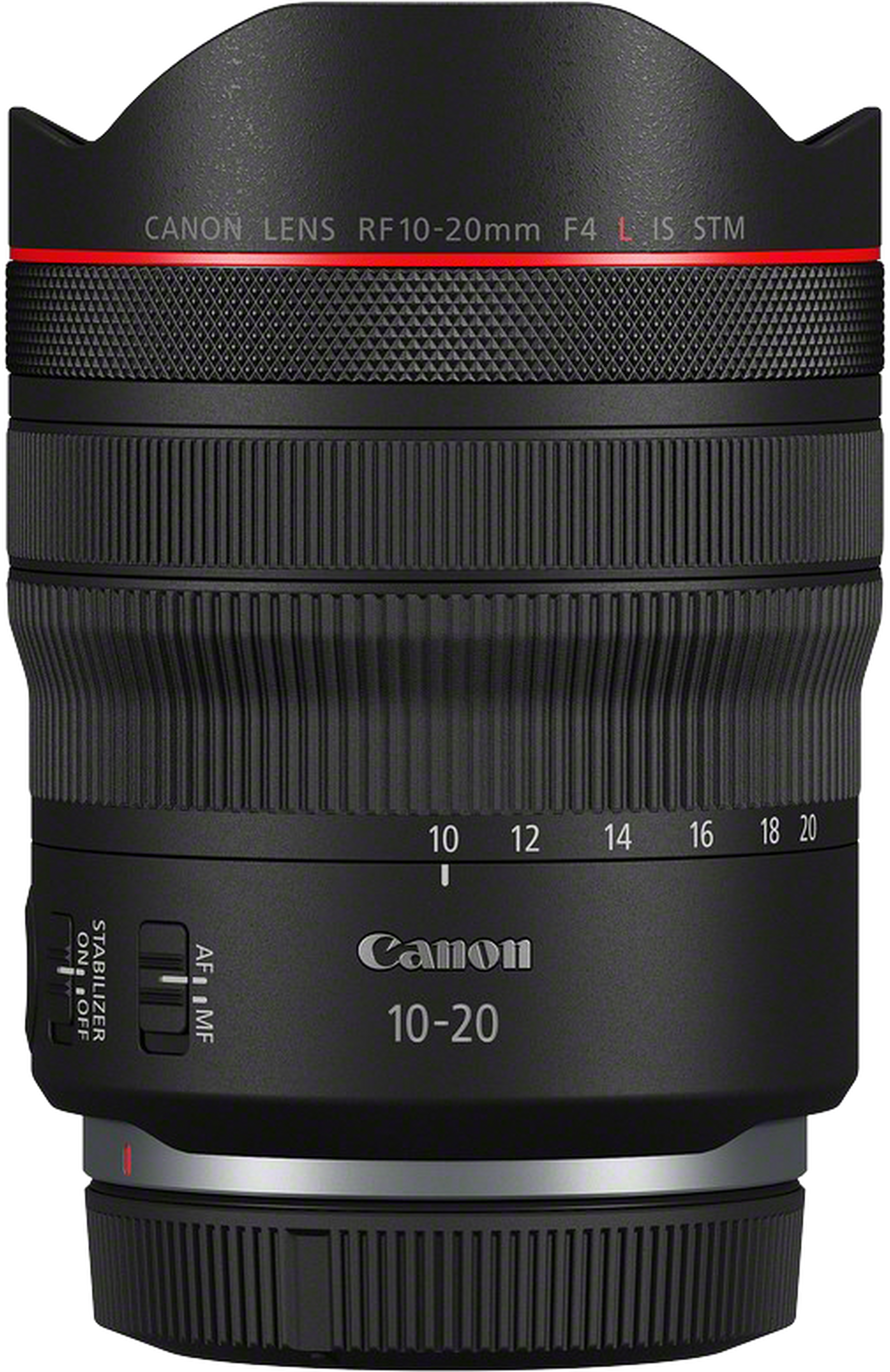 Objectif Canon RF 10-20mm F4 L IS STM noir avec bague de zoom et commutateurs.