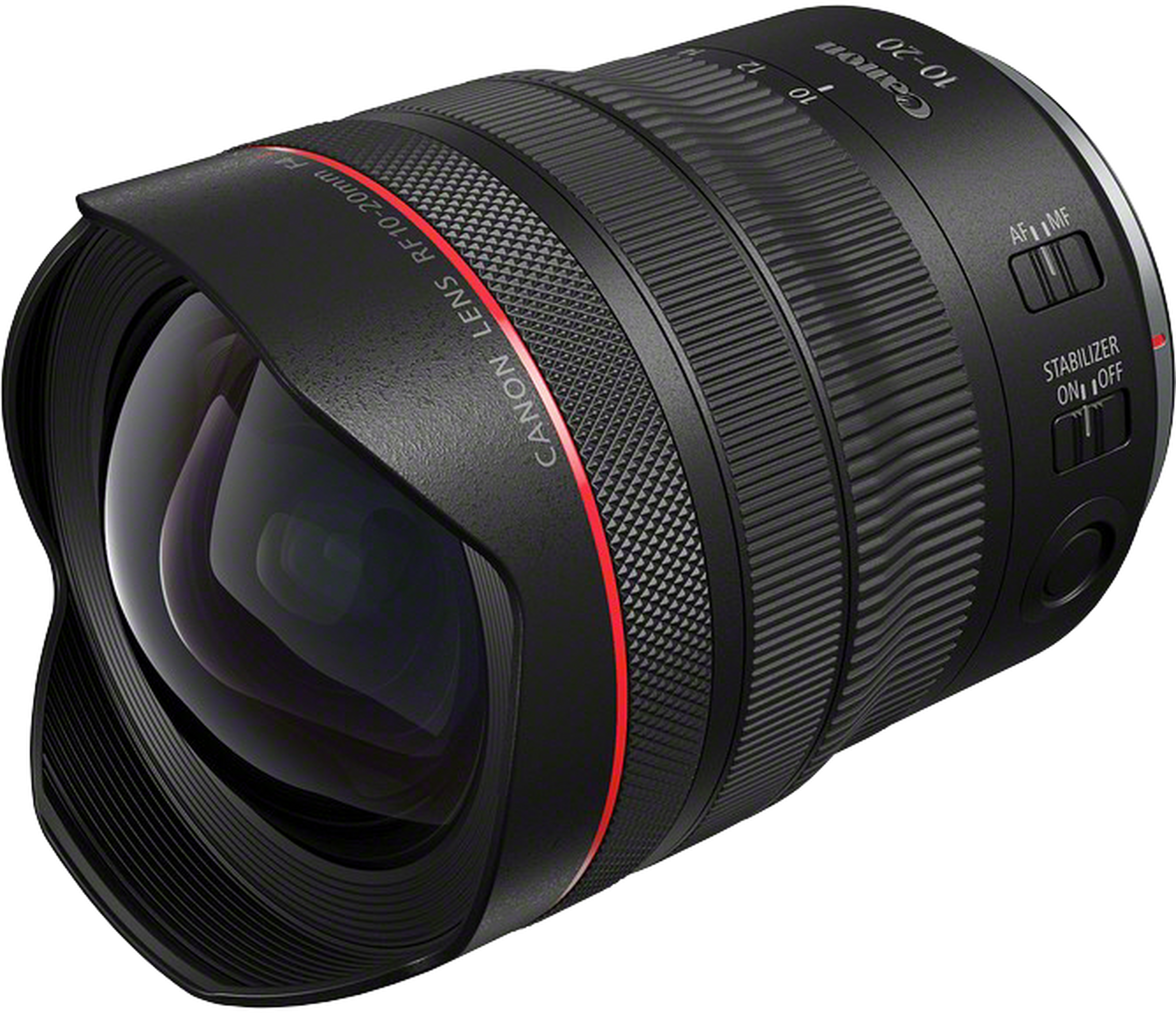 Un objectif Canon RF 10-20mm F4 L IS STM noir avec un anneau rouge.