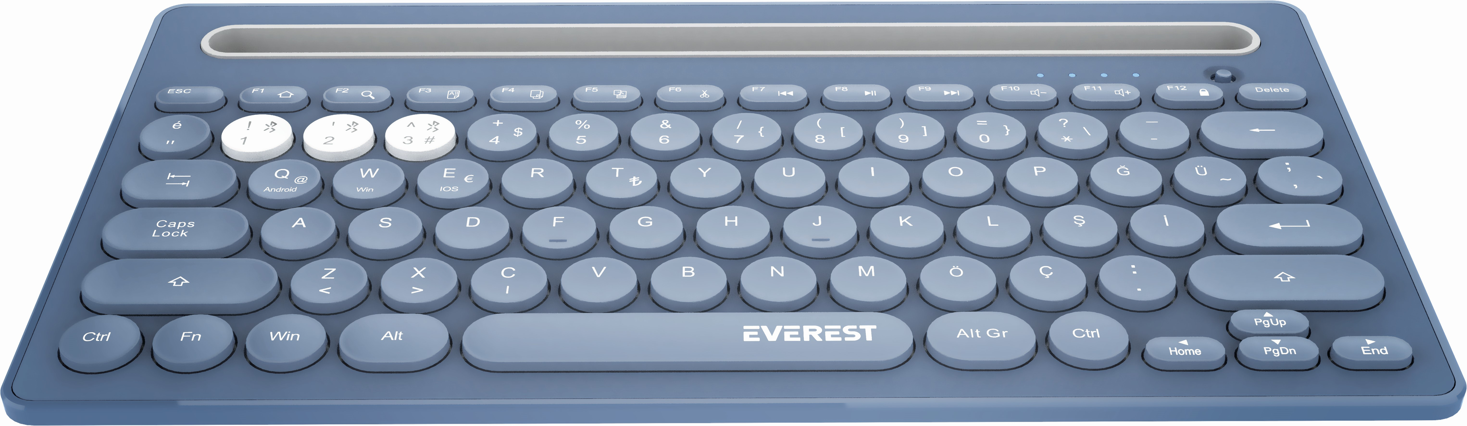 Yuvarlak tuşlu mavi klavye, beyaz zemin. EVEREST kelimesi altta yazılıdır.