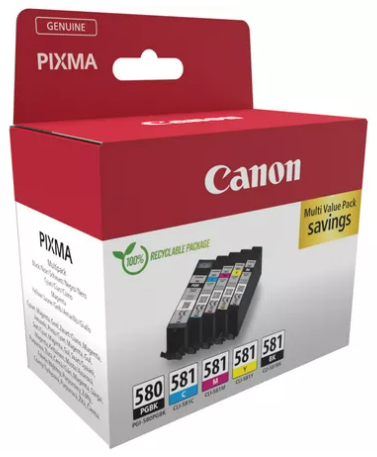 Ein Canon Pixma Tintenpatronen-Karton, mit sichtbaren Tintenpatronen.