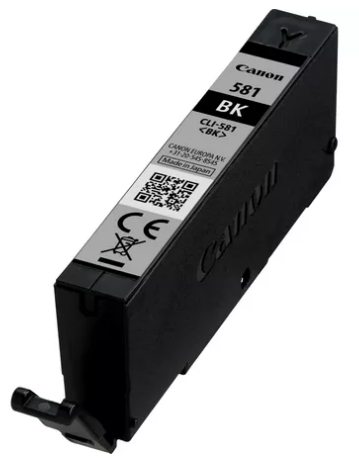 Canon 581 BK schwarze Tintenpatrone. Schwarz und Silber, mit Canon-Logo und Warnhinweisen.